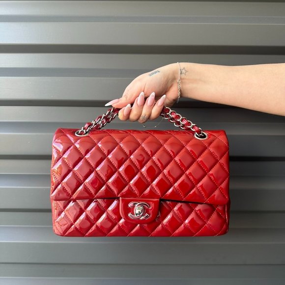 CHANEL Cherry Red Patent Leather Medium Classic Double Flap SHW - Picture 2 of 12